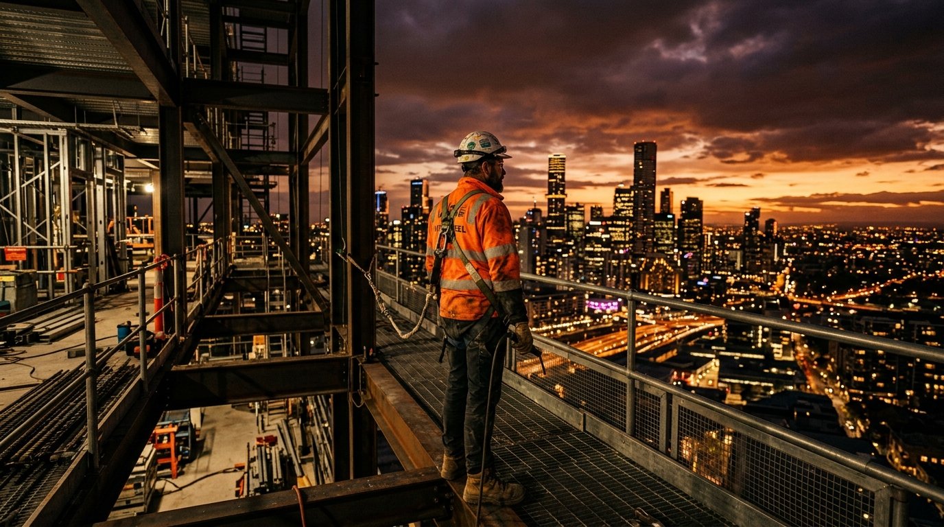 First Nation Steel worker overlooking Sydney infrastructure at sunset